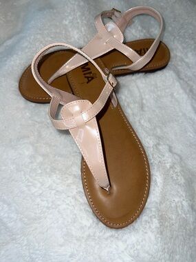 MIA Patent T-Strap Sandals in Blush Pink and Tan